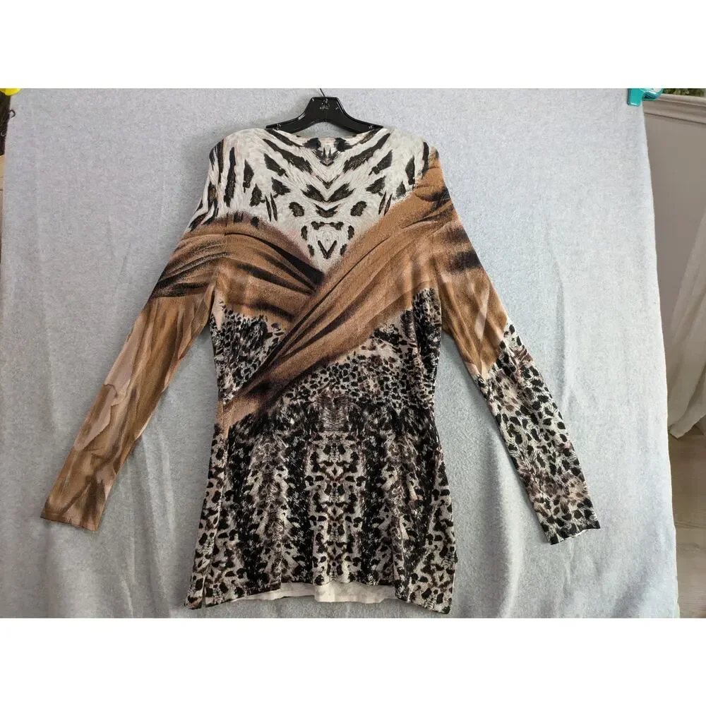 Alberto Makali Animal Print Top Women's Large Beaded Long Sleeves Art Blouse‎